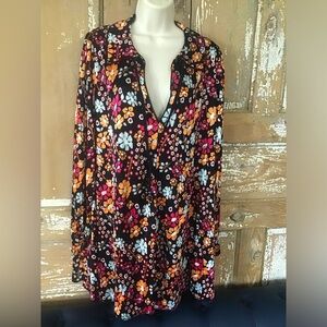 NWT $148 Free People Mini Swing Dress Collared Tie V Neck Floral Retro Boho M